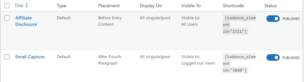 Kadence elements configuration